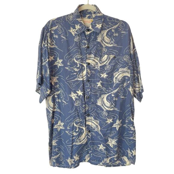 Blue Casual Button Down Shirt Silk Hawaiian Marlin Fish - Picture 1 of 7